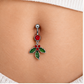 🎄 Christmas Navel Piercing – Sparkling Red Stone & Green Holly Leaves ❤️💚✨