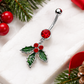 🎄 Christmas Navel Piercing – Sparkling Red Stone & Green Holly Leaves ❤️💚✨