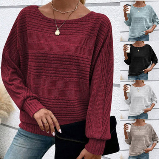 💜Haut rayé uni à col rond et manches longues