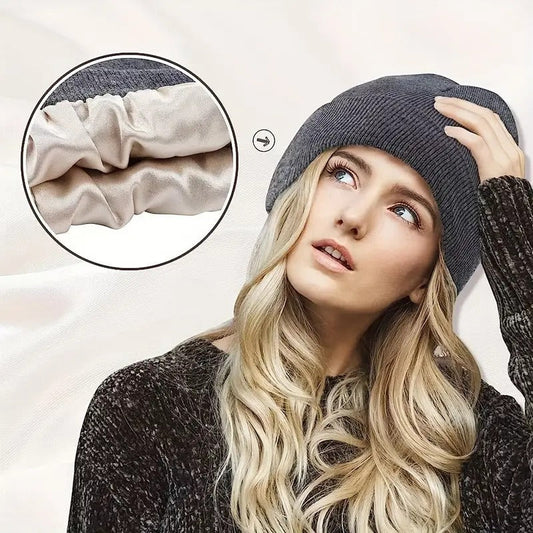 🧢✨ Satin-Lined Knitted Beanie – Warm & Protective