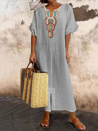 🔥 Novedad para 2026: Vestido casual de algodón y lino para mujer — Corte holgado, con bordados y aberturas laterales.