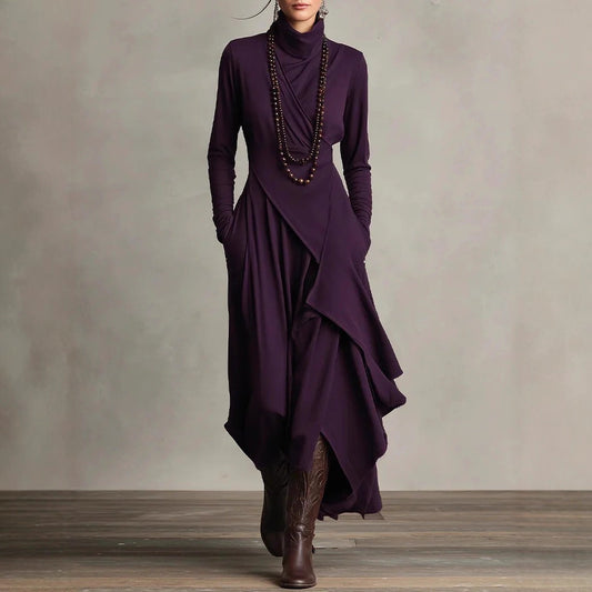 Robe longue asymétrique drapée élégante à col montant pour femme