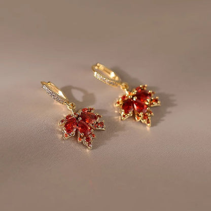🍁 Red Maple Leaf Zircon Earrings – Elegant and Sparkling