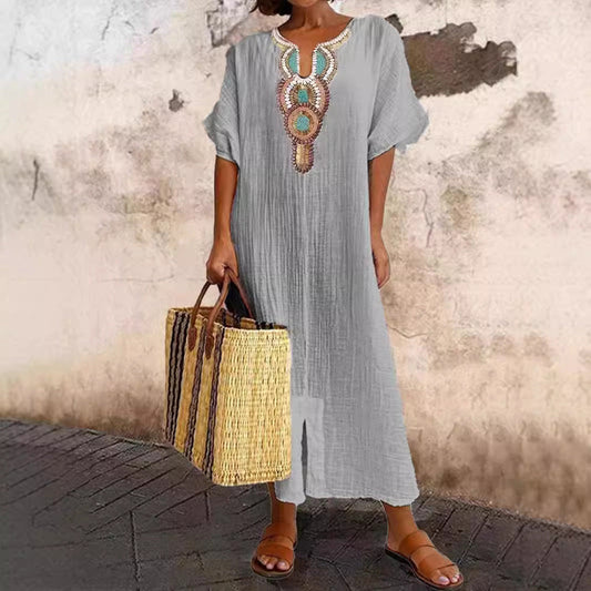 🔥 Novedad para 2026: Vestido casual de algodón y lino para mujer — Corte holgado, con bordados y aberturas laterales.