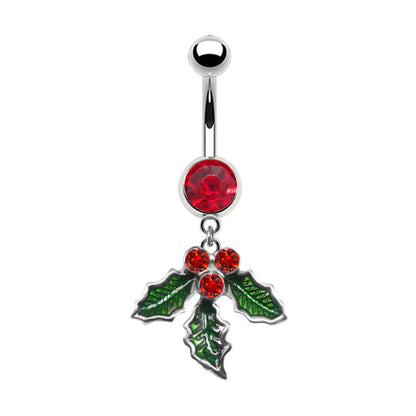 🎄 Christmas Navel Piercing – Sparkling Red Stone & Green Holly Leaves ❤️💚✨