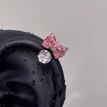 🎀✨ Ear Piercing with Pink Bow and Sparkling Crystal – Sweetness, Elegance, and Style! 💖💎