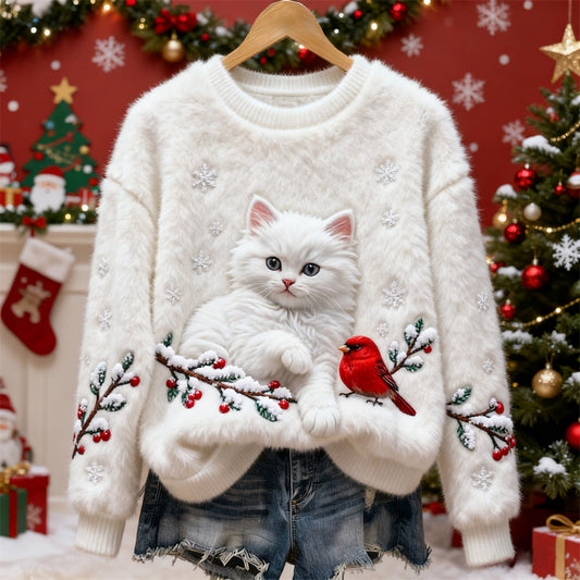 Pull de Noël en flanelle pour femme avec motif chat et oiseau