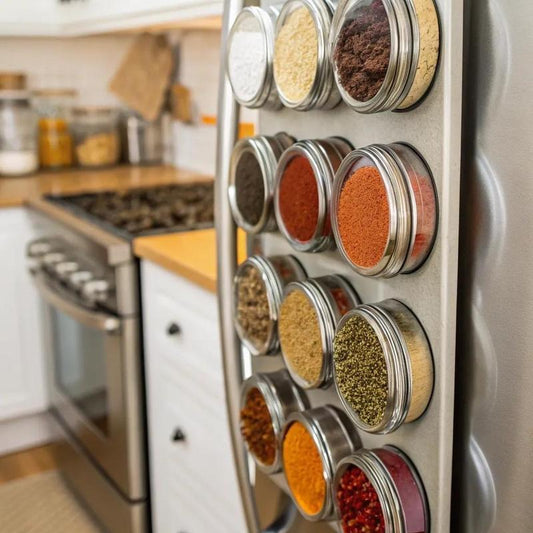 🧂✨ Magnetic Stainless Steel Spice Containers – A Tidier, More Elegant Kitchen! 🍳🤍