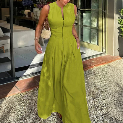Sleeveless Zip-Front A-Line Maxi Dress | Elegant High-Waist, Versatile Chic! 👗✨