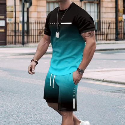 🏖️Summer Cool Deal: ONLY 💲15.99!!😎Men's Gradient Color T-Shirt & Shorts Set